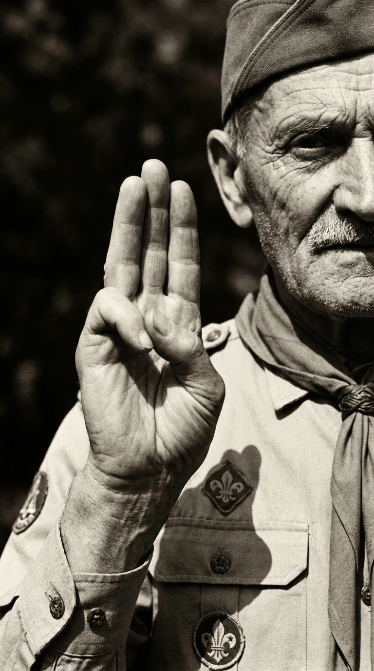 Starší muž ve skautské uniformě dává skautský slib se zvednutou rukou a třemi prsty